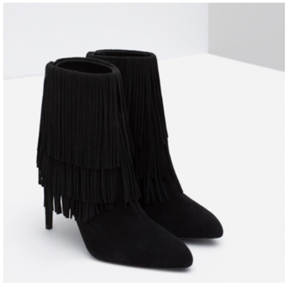 Zara Fringed Leather Suede Heels Ankle /Booties - Picture 1 of 8